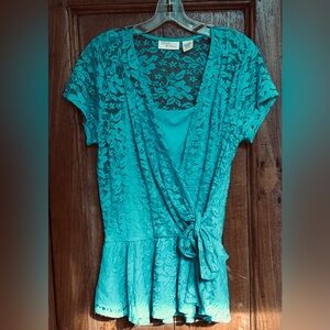 Allison Brittney Teal Lacey Faux-Wrap Size L